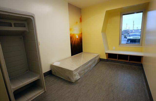 A mattress base and closet fixture have been placed in a room of the residential substance use treatment unit at the Columbia Valley Center for Recovery in downtown Kennewick. 